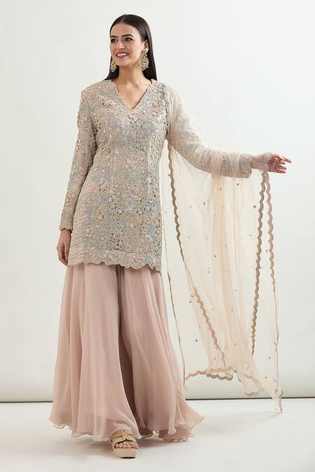 Shop_Varun Nidhika_Peach Silk Embroidery Scoop Neck Floral Cutwork Kurta Sharara Set_Online_at_Aza_Fashions