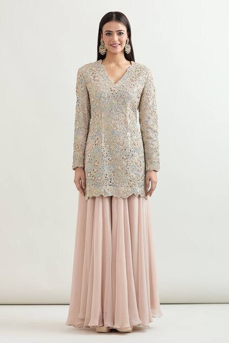 Buy_Varun Nidhika_Peach Silk Embroidery Scoop Neck Floral Cutwork Kurta Sharara Set