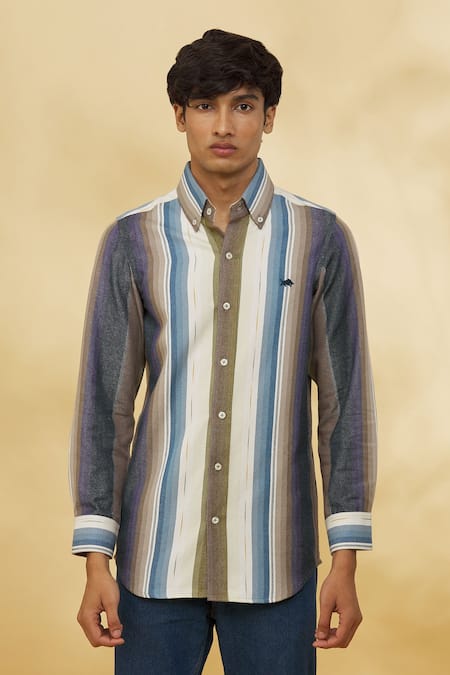 The MeN'S Kompany Multi Color Twill, Cotton Embroidery Striped Pattern Shirt Online at Aza Fashions The MeN'S Kompany_Multi Color Twill, Cotton Embroidery Striped Pattern Shirt _Online_at_Aza_Fashions
