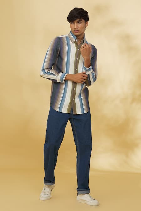 Shop The MeN'S Kompany Multi Color Twill, Cotton Embroidery Striped Pattern Shirt Online at Aza Fashions Shop_The MeN'S Kompany_Multi Color Twill, Cotton Embroidery Striped Pattern Shirt _Online_at_Aza_Fashions