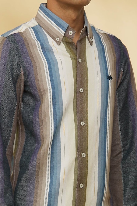 The MeN'S Kompany Multi Color Twill, Cotton Embroidery Striped Pattern Shirt at Aza Fashions The MeN'S Kompany_Multi Color Twill, Cotton Embroidery Striped Pattern Shirt _at_Aza_Fashions