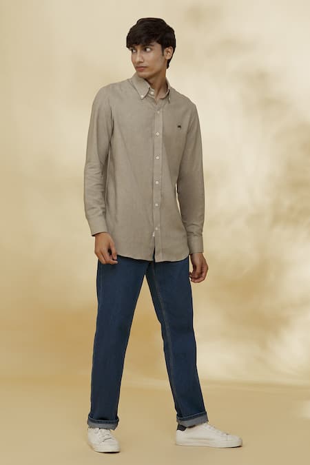 Shop The MeN'S Kompany Grey Twill, Cotton Embroidery Placement Shirt Online at Aza Fashions Shop_The MeN'S Kompany_Grey Twill, Cotton Embroidery Placement Shirt _Online_at_Aza_Fashions