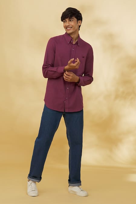 Shop The MeN'S Kompany Purple Twill, Cotton Embroidery Placement Motif Shirt Online at Aza Fashions Shop_The MeN'S Kompany_Purple Twill, Cotton Embroidery Placement Motif Shirt _Online_at_Aza_Fashions