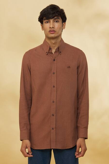 The MeN'S Kompany_Brown Twill, Cotton Embroidery Placement Logo Motif Shirt _Online_at_Aza_Fashions
