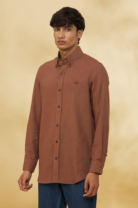 Buy_The MeN'S Kompany_Brown Twill, Cotton Embroidery Placement Logo Motif Shirt _Online_at_Aza_Fashions