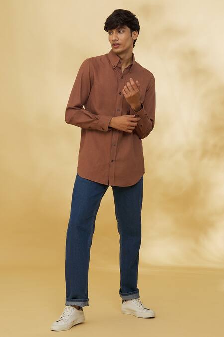 Shop_The MeN'S Kompany_Brown Twill, Cotton Embroidery Placement Logo Motif Shirt _Online_at_Aza_Fashions