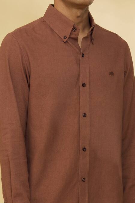 The MeN'S Kompany_Brown Twill, Cotton Embroidery Placement Logo Motif Shirt _at_Aza_Fashions