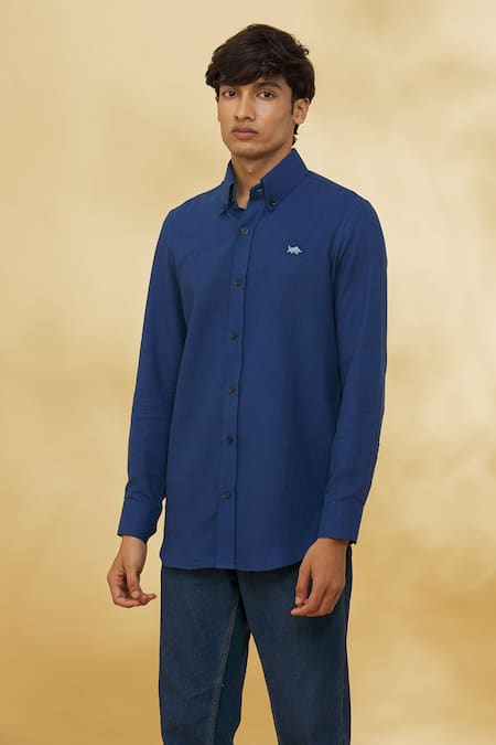 Buy The MeN'S Kompany Blue Twill, Cotton Embroidery Placement Logo Shirt Online at Aza Fashions Buy_The MeN'S Kompany_Blue Twill, Cotton Embroidery Placement Logo Shirt _Online_at_Aza_Fashions