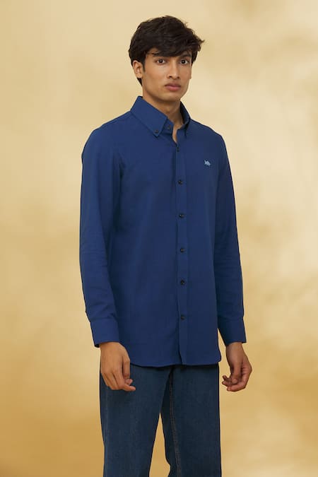Shop The MeN'S Kompany Blue Twill, Cotton Embroidery Placement Logo Shirt Online at Aza Fashions Shop_The MeN'S Kompany_Blue Twill, Cotton Embroidery Placement Logo Shirt _Online_at_Aza_Fashions