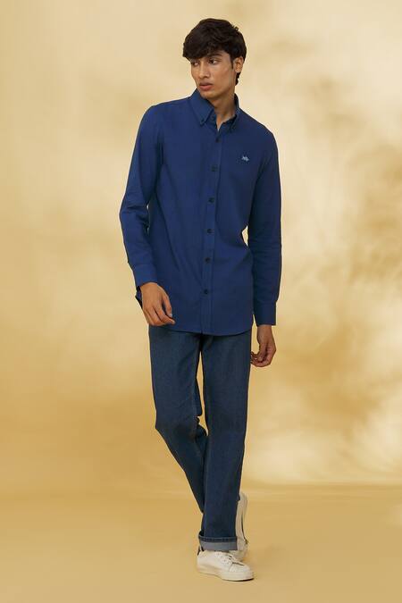 The MeN'S Kompany Blue Twill, Cotton Embroidery Placement Logo Shirt at Aza Fashions The MeN'S Kompany_Blue Twill, Cotton Embroidery Placement Logo Shirt _at_Aza_Fashions