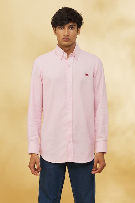 The MeN'S Kompany Pink Twill, Cotton Embroidery Placement Logo Motif Pastel Shirt Online at Aza Fashions The MeN'S Kompany_Pink Twill, Cotton Embroidery Placement Logo Motif Pastel Shirt _Online_at_Aza_Fashions