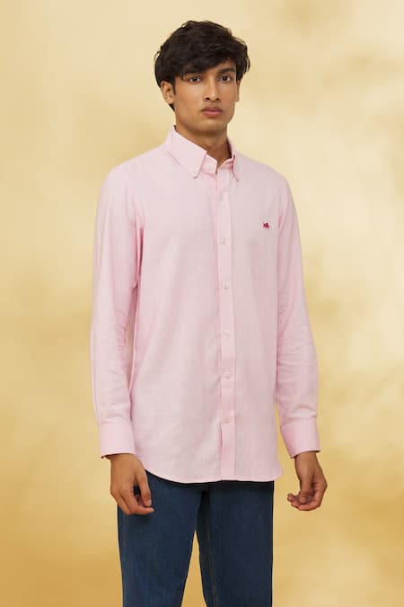 Buy The MeN'S Kompany Pink Twill, Cotton Embroidery Placement Logo Motif Pastel Shirt Online at Aza Fashions Buy_The MeN'S Kompany_Pink Twill, Cotton Embroidery Placement Logo Motif Pastel Shirt _Online_at_Aza_Fashions