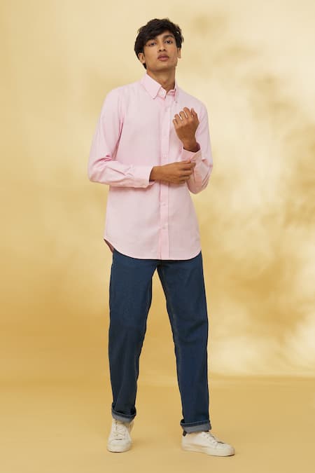 Shop The MeN'S Kompany Pink Twill, Cotton Embroidery Placement Logo Motif Pastel Shirt Online at Aza Fashions Shop_The MeN'S Kompany_Pink Twill, Cotton Embroidery Placement Logo Motif Pastel Shirt _Online_at_Aza_Fashions