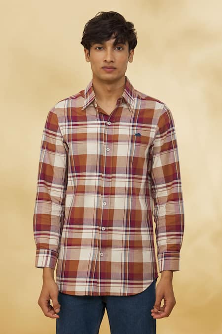The MeN'S Kompany Brown Cotton Embroidery Checkered Print Shirt Online at Aza Fashions The MeN'S Kompany_Brown Cotton Embroidery Checkered Print Shirt _Online_at_Aza_Fashions