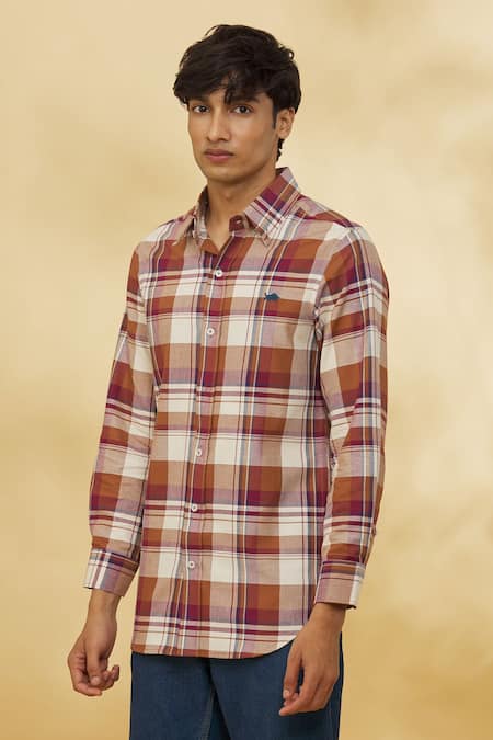 Buy The MeN'S Kompany Brown Cotton Embroidery Checkered Print Shirt Online at Aza Fashions Buy_The MeN'S Kompany_Brown Cotton Embroidery Checkered Print Shirt _Online_at_Aza_Fashions