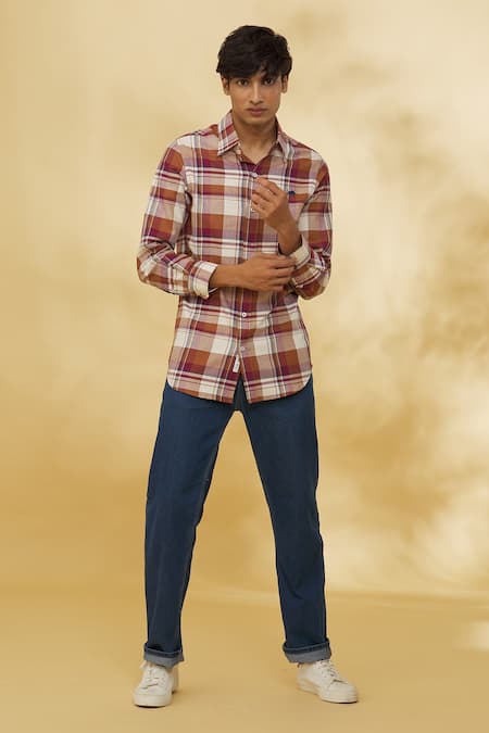 Shop The MeN'S Kompany Brown Cotton Embroidery Checkered Print Shirt Online at Aza Fashions Shop_The MeN'S Kompany_Brown Cotton Embroidery Checkered Print Shirt _Online_at_Aza_Fashions