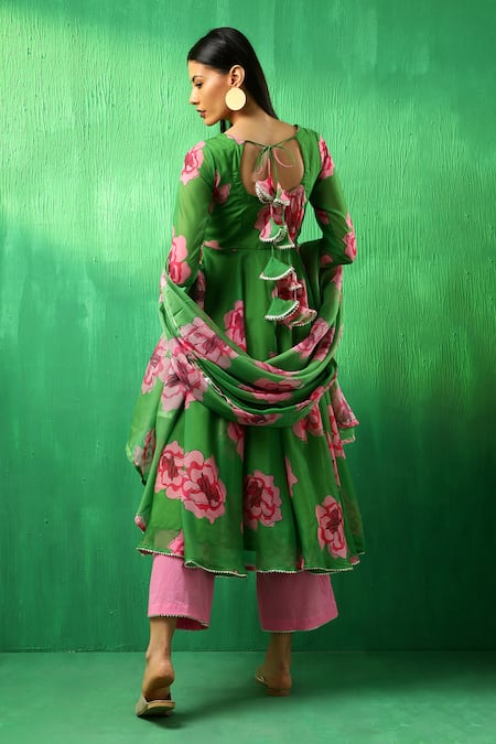 Shop Pomcha Jaipur Green Organza, Cotton Gota Patti Round Neck Rose Pattern Anarkali Pant Set at Aza Fashions Shop_Pomcha Jaipur_Green Organza, Cotton Gota Patti Round Neck Rose Pattern Anarkali Pant Set _at_Aza_Fashions