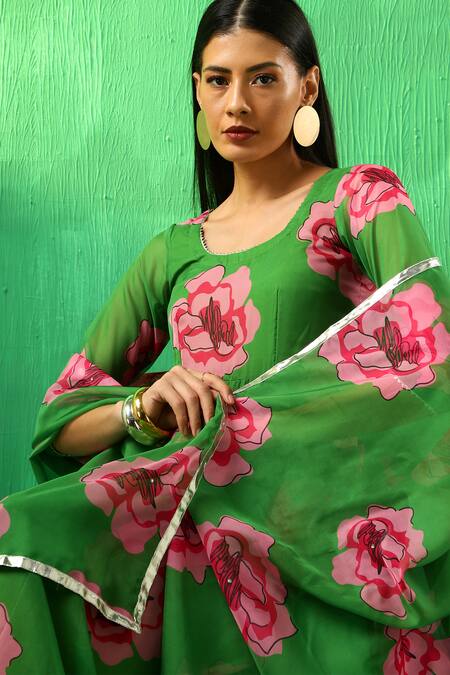 Pomcha Jaipur Green Organza, Cotton Gota Patti Round Neck Rose Pattern Anarkali Pant Set Online at Aza Fashions Pomcha Jaipur_Green Organza, Cotton Gota Patti Round Neck Rose Pattern Anarkali Pant Set _Online_at_Aza_Fashions