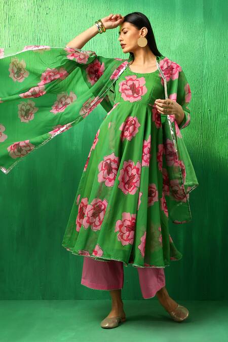Buy Pomcha Jaipur Green Organza, Cotton Gota Patti Round Neck Rose Pattern Anarkali Pant Set Online at Aza Fashions Buy_Pomcha Jaipur_Green Organza, Cotton Gota Patti Round Neck Rose Pattern Anarkali Pant Set _Online_at_Aza_Fashions