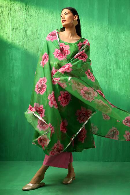 Shop Pomcha Jaipur Green Organza, Cotton Gota Patti Round Neck Rose Pattern Anarkali Pant Set Online at Aza Fashions Shop_Pomcha Jaipur_Green Organza, Cotton Gota Patti Round Neck Rose Pattern Anarkali Pant Set _Online_at_Aza_Fashions