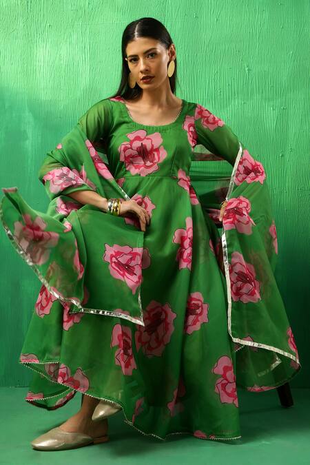 Pomcha Jaipur Green Organza, Cotton Gota Patti Round Neck Rose Pattern Anarkali Pant Set at Aza Fashions Pomcha Jaipur_Green Organza, Cotton Gota Patti Round Neck Rose Pattern Anarkali Pant Set _at_Aza_Fashions