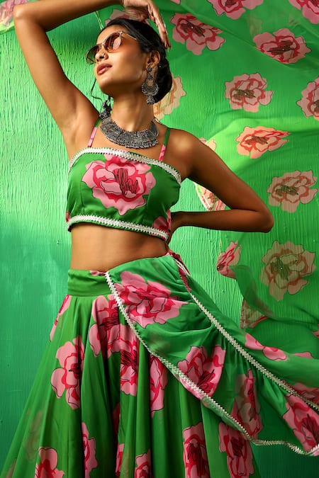 Pomcha Jaipur_Green Organza, Cotton Gota Patti, Ruffles, Embroidery Rose Pattern Lehenga Set _Online_at_Aza_Fashions