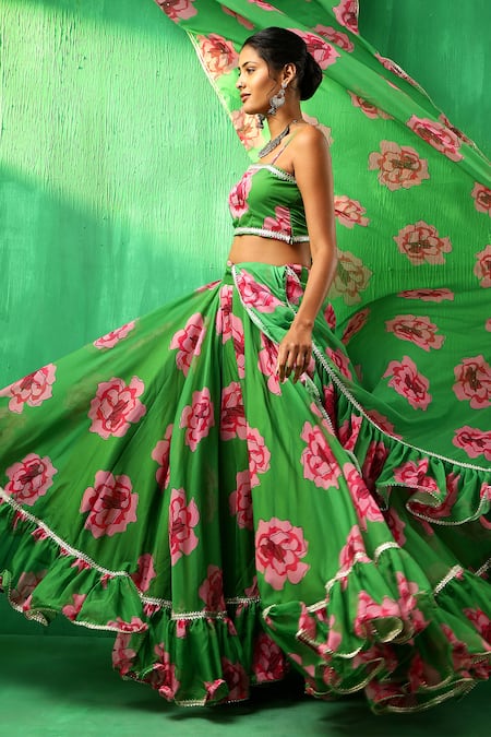 Buy_Pomcha Jaipur_Green Organza, Cotton Gota Patti, Ruffles, Embroidery Rose Pattern Lehenga Set _Online_at_Aza_Fashions