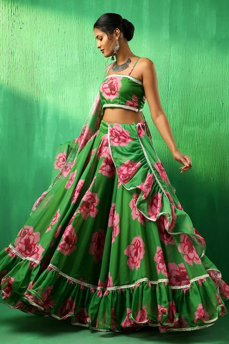 Shop_Pomcha Jaipur_Green Organza, Cotton Gota Patti, Ruffles, Embroidery Rose Pattern Lehenga Set _Online_at_Aza_Fashions