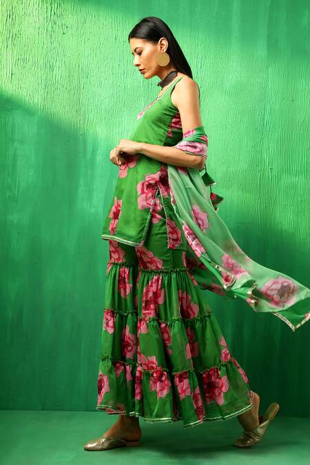 Buy Pomcha Jaipur Green Organza Embroidery, Gota Patti Square Neck Rose Pattern Kurta Sharara Set Online at Aza Fashions Buy_Pomcha Jaipur_Green Organza Embroidery, Gota Patti Square Neck Rose Pattern Kurta Sharara Set _Online_at_Aza_Fashions