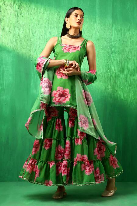 Shop Pomcha Jaipur Green Organza Embroidery, Gota Patti Square Neck Rose Pattern Kurta Sharara Set Online at Aza Fashions Shop_Pomcha Jaipur_Green Organza Embroidery, Gota Patti Square Neck Rose Pattern Kurta Sharara Set _Online_at_Aza_Fashions