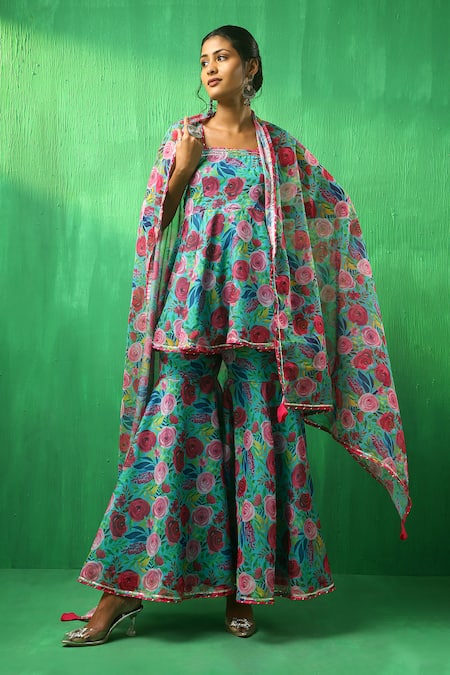 Buy Pomcha Jaipur Multi Color Organza Embroidery, Gota Patti Floral Pattern Kurta Sharara Set Online at Aza Fashions Buy_Pomcha Jaipur_Multi Color Organza Embroidery, Gota Patti Floral Pattern Kurta Sharara Set _Online_at_Aza_Fashions