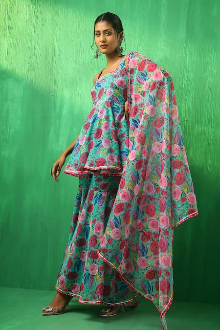 Shop Pomcha Jaipur Multi Color Organza Embroidery, Gota Patti Floral Pattern Kurta Sharara Set Online at Aza Fashions Shop_Pomcha Jaipur_Multi Color Organza Embroidery, Gota Patti Floral Pattern Kurta Sharara Set _Online_at_Aza_Fashions