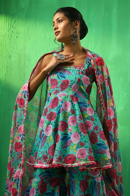 Pomcha Jaipur Multi Color Organza Embroidery, Gota Patti Floral Pattern Kurta Sharara Set at Aza Fashions Pomcha Jaipur_Multi Color Organza Embroidery, Gota Patti Floral Pattern Kurta Sharara Set _at_Aza_Fashions