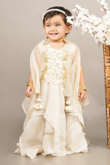 Little Brats Beige Cotton Silk Embroidery Sequins Asymmetrical Lehenga Set 