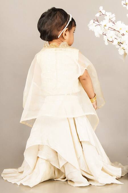 Shop Little Brats Beige Organza, Tissue Sequins, Tassels Embroidered Asymmetrical Lehenga Set at Aza Fashions Shop_Little Brats_Beige Organza, Tissue Sequins, Tassels Embroidered Asymmetrical Lehenga Set _at_Aza_Fashions