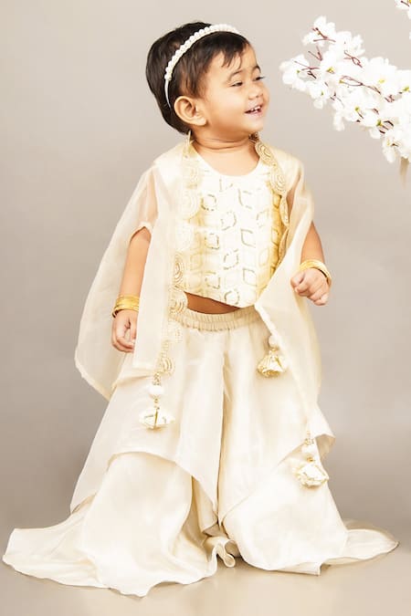Little Brats Beige Organza, Tissue Sequins, Tassels Embroidered Asymmetrical Lehenga Set Online at Aza Fashions Little Brats_Beige Organza, Tissue Sequins, Tassels Embroidered Asymmetrical Lehenga Set _Online_at_Aza_Fashions