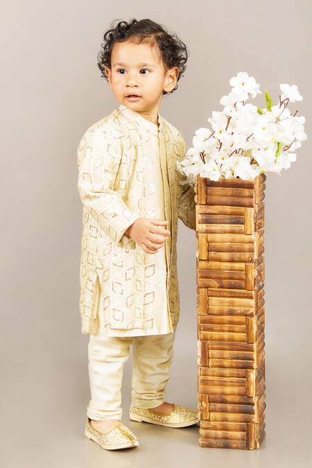 Buy Little Brats Beige Cotton, Silk Sequins Embroidered Jacket And Kurta Set Online at Aza Fashions Buy_Little Brats_Beige Cotton, Silk Sequins Embroidered Jacket And Kurta Set _Online_at_Aza_Fashions
