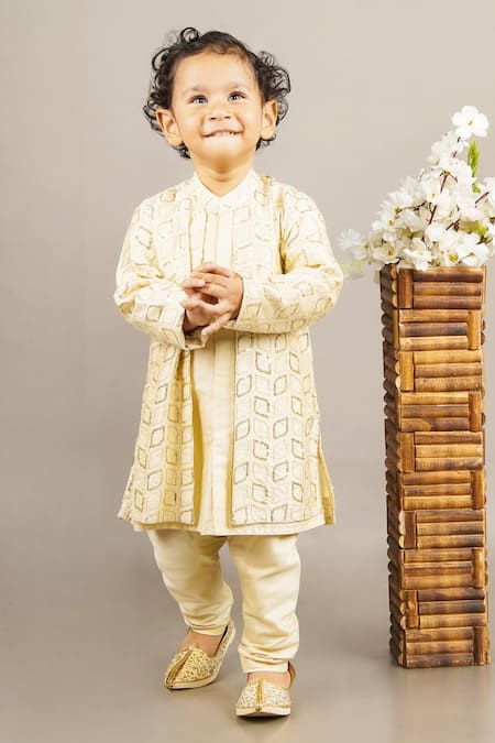 Shop Little Brats Beige Cotton, Silk Sequins Embroidered Jacket And Kurta Set Online at Aza Fashions Shop_Little Brats_Beige Cotton, Silk Sequins Embroidered Jacket And Kurta Set _Online_at_Aza_Fashions