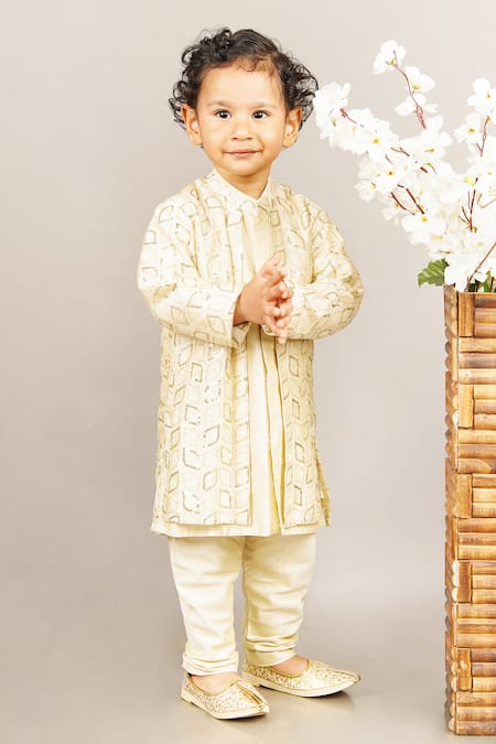 Buy Little Brats Beige Cotton, Silk Sequins Embroidered Jacket And Kurta Set Buy_Little Brats_Beige Cotton, Silk Sequins Embroidered Jacket And Kurta Set