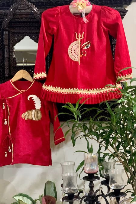 Rage Attire-Sweta Saria_Red Cotton, Silk Embroidery Durga Mandala Kurta With Tulip Pant _Online_at_Aza_Fashions