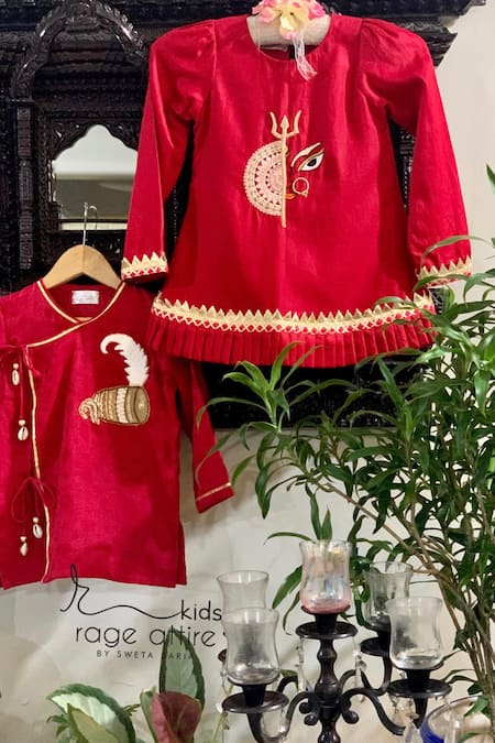 Buy_Rage Attire-Sweta Saria_Red Cotton, Silk Embroidery Durga Mandala Kurta With Tulip Pant _Online_at_Aza_Fashions