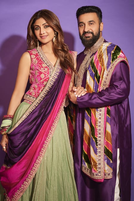 Shop_Punit Balana_Purple Velvet, Tissue, Silk Organza Cut Work, Sequins, Johri Koti Skirt Set 