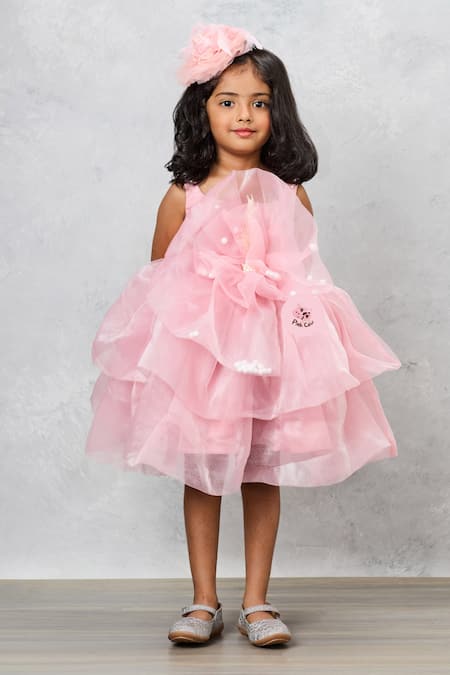 Pinkcow designs pvt ltd Peach Organza Embroidered Pearl Ruffled Embellished Dress 