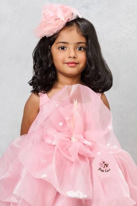 Pinkcow designs pvt ltd_Peach Organza, Linen Pearls Ruffled Embellished Dress _Online_at_Aza_Fashions