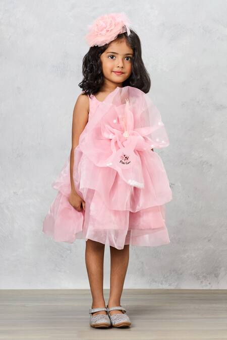 Buy_Pinkcow designs pvt ltd_Peach Organza, Linen Pearls Ruffled Embellished Dress _Online_at_Aza_Fashions