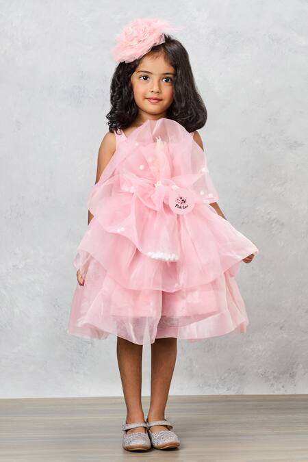 Shop_Pinkcow designs pvt ltd_Peach Organza, Linen Pearls Ruffled Embellished Dress _Online_at_Aza_Fashions