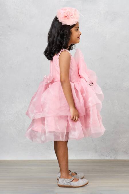 Pinkcow designs pvt ltd_Peach Organza, Linen Pearls Ruffled Embellished Dress _at_Aza_Fashions