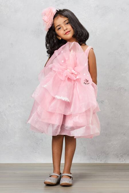 Buy_Pinkcow designs pvt ltd_Peach Organza, Linen Pearls Ruffled Embellished Dress 