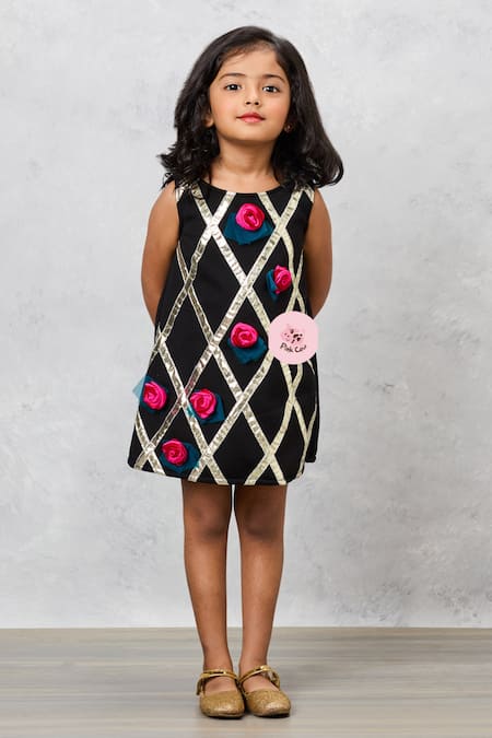 Pinkcow designs pvt ltd_Black Polyester Fabric Flowers Floral Applique Lace Work Dress _Online_at_Aza_Fashions