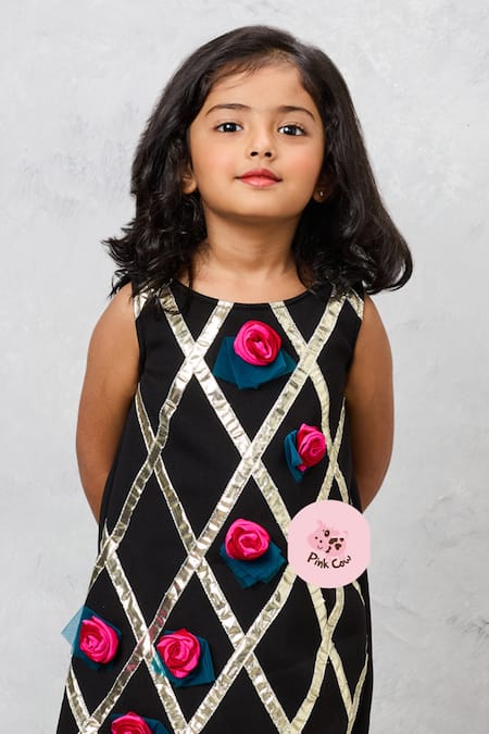 Buy_Pinkcow designs pvt ltd_Black Polyester Fabric Flowers Floral Applique Lace Work Dress _Online_at_Aza_Fashions